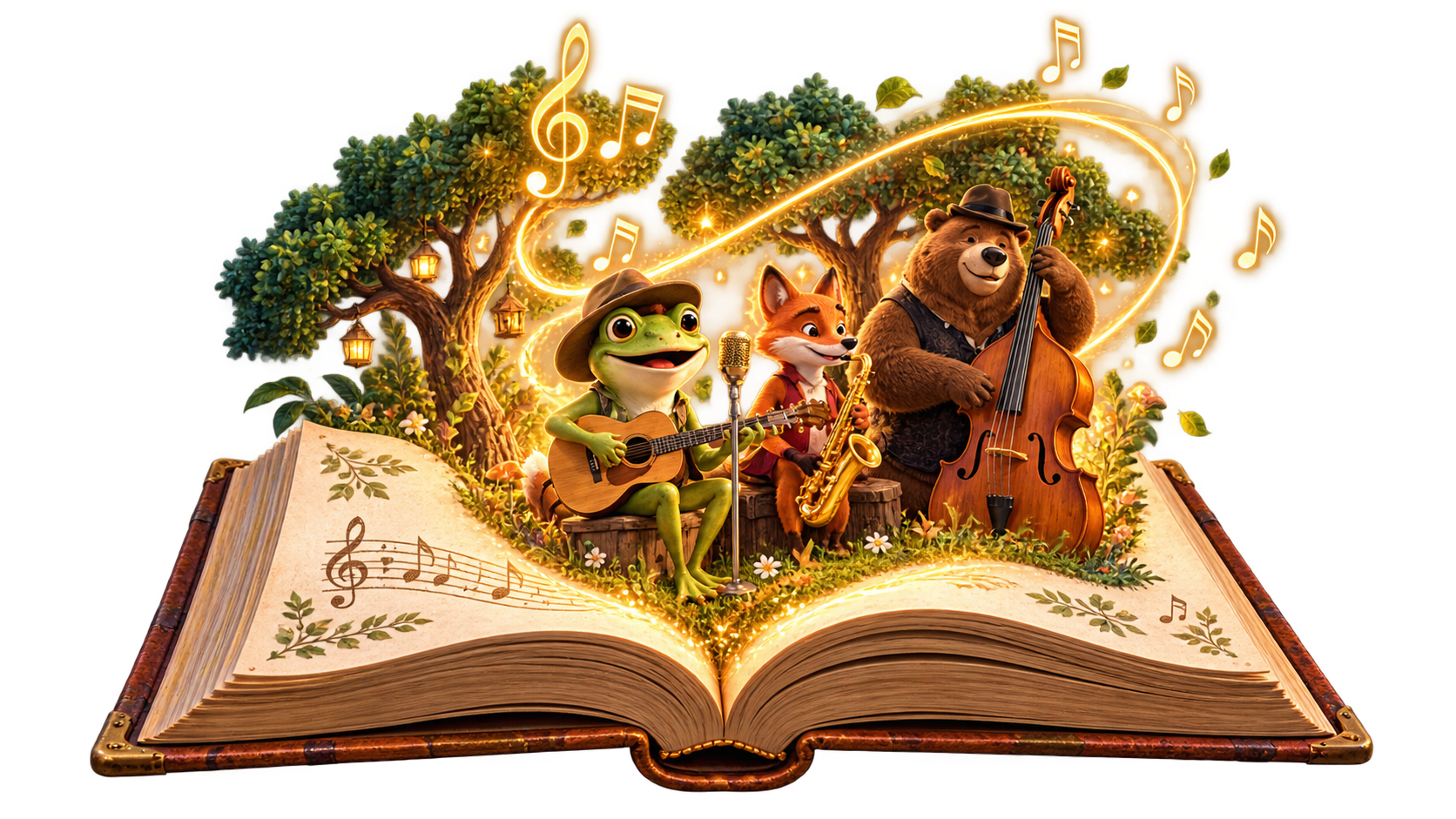Um livro aberto revela os animais músicos, árvores em miniatura e notas musicais douradas.
